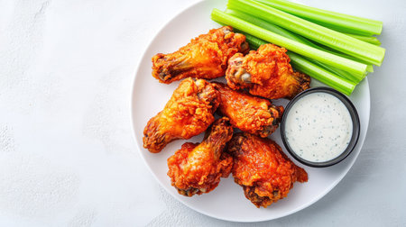 Spicy fried chicken wings on a white plate with celery sticks and dipping sauce, top view. Copy space around.の素材