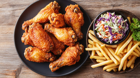 Golden fried chicken wings arranged on a plate with fries and coleslaw, top view. Ample copy space on the right.の素材