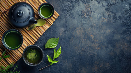 Japanese tea set with matcha, teapot, and bowls on a bamboo mat, top view. Copy space on the right.の素材