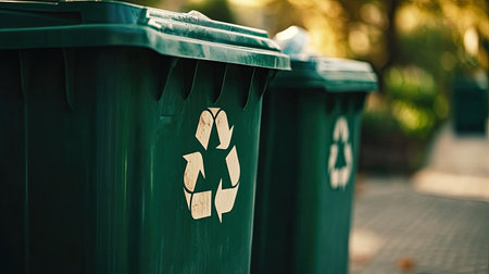 Close-up of a green recycling bin with clear symbols for sorting waste. Copy space for text.の素材