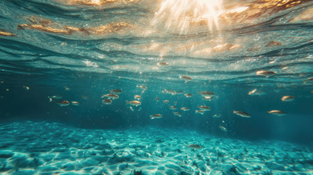 Clear blue ocean water with fish swimming, symbolizing the sustainability of marine life. Copy space.の素材