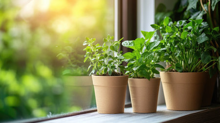 Biodegradable plant pots on a windowsill, highlighting eco-friendly gardening. Ample room for text.の素材