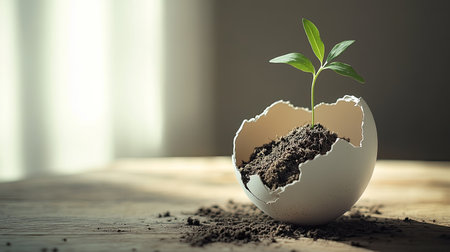 Plant sprouting from soil inside a cracked eggshell, representing the fragility of sustainability. Copy space.の素材