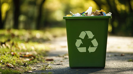 Close-up of a green recycling bin with clear symbols for sorting waste. Copy space for text.の素材