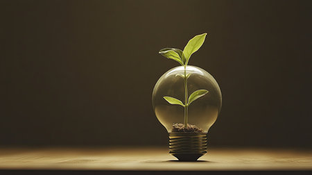 Close-up of a plant growing in a lightbulb, symbolizing eco-friendly energy solutions. Copy space.の素材