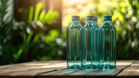 Close-up of eco-friendly reusable water bottles on a wooden table, promoting sustainability. Copy space.の素材