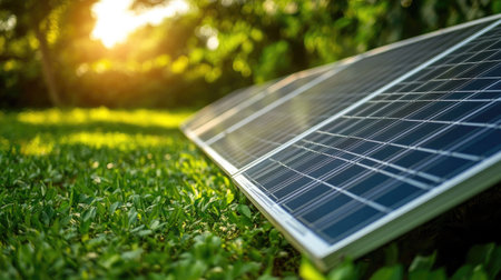 Close-up of solar panels in a green field, representing eco-friendly energy sources. Copy space available.の素材