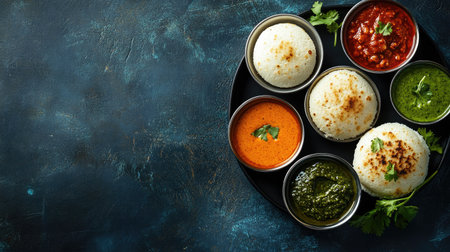 Delicious South Indian breakfast of idli and vada with a variety of chutneys. Top view with ample space for copy.の素材