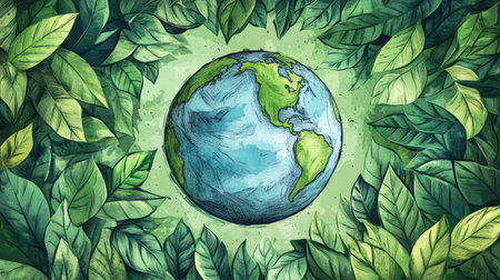 A hand-drawn globe surrounded by green leaves, representing global sustainability efforts. Copy space for text.の素材