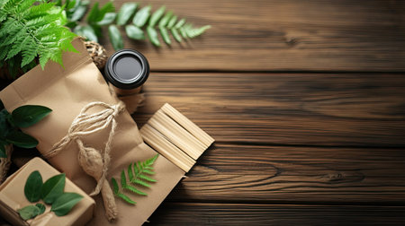 Close-up of biodegradable packaging on a wooden table, highlighting eco-friendly product choicesの素材