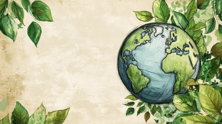A hand-drawn globe surrounded by green leaves, representing global sustainability efforts. Copy space for text.の素材