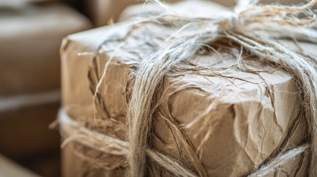 Close-up of eco-friendly packaging made of recycled materials, highlighting sustainable production. Copy space.の素材