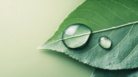 Green leaf with a water droplet, representing sustainability and natural resources. Ample space for text.の素材