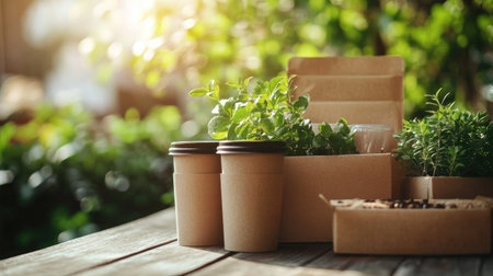 Close-up of biodegradable packaging on a wooden table, highlighting eco-friendly product choicesの素材
