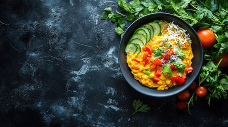 Sri Lankan breakfast plate with string hoppers, coconut curry, and fresh vegetables. Top view with space for text.の素材