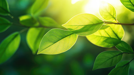 Close-up of fresh green leaves in the sunlight, symbolizing environmental sustainability. Ample space for copy.の素材