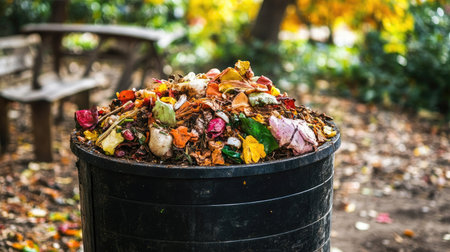 Compost bin with food scraps, emphasizing eco-friendly waste management. Ample room for text.の素材