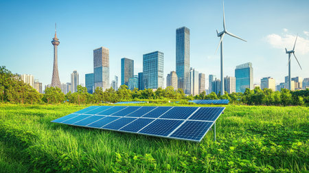 Green city skyline with wind turbines and solar panels, representing eco-friendly urban living. Copy space available.の素材