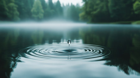 A drop of water falling into a calm lake, symbolizing sustainability and water conservation. Copy space.の素材