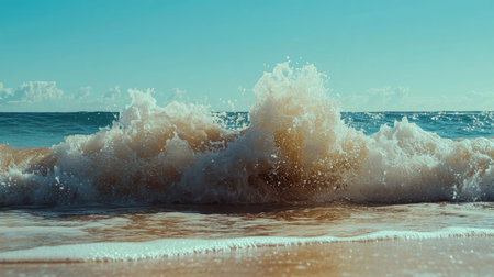 Ocean waves crashing onto a clean shore, symbolizing the sustainability of natural ecosystems. Copy space available.の素材