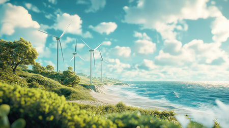 Eco-friendly wind turbines in a coastal landscape, representing sustainable power generation. Copy space.の素材