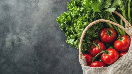 Close-up of a reusable shopping bag with fresh vegetables, symbolizing eco-friendly habits. Ample space for text.の素材
