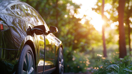 Electric car charging in front of a green landscape, representing eco-friendly transportation. Copy space.の素材