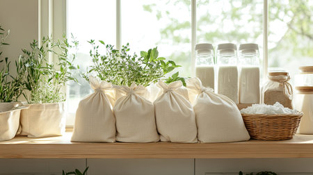 Eco-friendly laundry setup with biodegradable detergent and fabric bags, promoting sustainability. Copy space.の素材