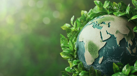 Globe with green foliage around it, representing global sustainability efforts. Ample space for text.の素材