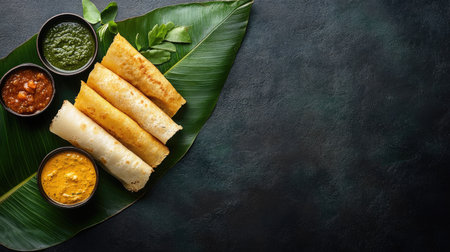 South Indian breakfast featuring crispy dosas, coconut chutney, and steaming sambar on a banana leaf. Top view with copy space.の素材
