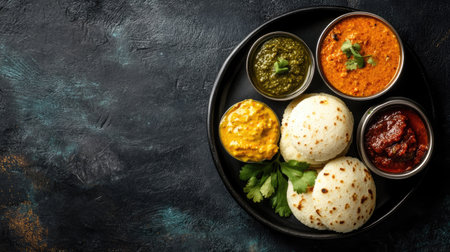 Delicious South Indian breakfast of idli and vada with a variety of chutneys. Top view with ample space for copy.の素材