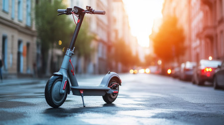 Electric scooter parked on a clean city street, symbolizing eco-friendly urban transportation. Ample copy space.の素材