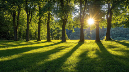 Row of trees in a forest under a bright sun, symbolizing nature's sustainability and environmental protection.の素材