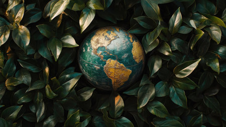 Globe surrounded by green leaves, symbolizing eco-friendly global initiatives. Copy space for text.の素材