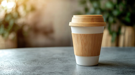 Reusable coffee cup with a bamboo lid on a clean surface, promoting eco-friendly choices. Ample copy space.の素材