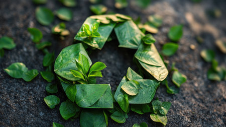 A small green plant growing inside a recycling symbol made of leaves, representing eco-friendly choices. Copy space.の素材