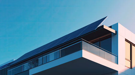 Modern building with solar panels on the roof, promoting environmentally friendly architecture. Copy spaceの素材