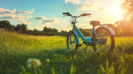 Electric bike parked near a green field, symbolizing eco-friendly transportation options. Copy space.の素材