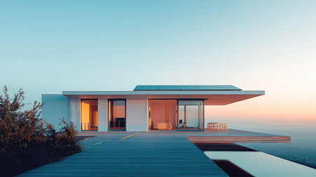 Solar panels on the roof of a modern building, showing sustainable architecture and clean energy. Copy space.の素材