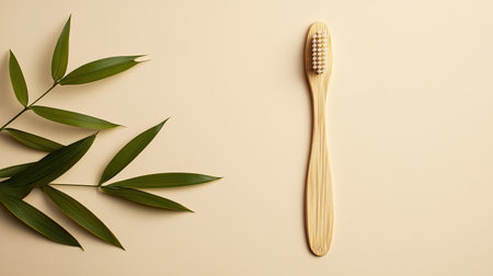 Eco-friendly bamboo toothbrush on a neutral background, highlighting sustainable alternatives. Copy space for text.の素材