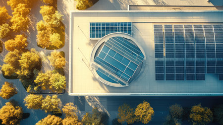 Solar panels on the roof of a modern building, showing sustainable architecture and clean energy. Copy space.の素材