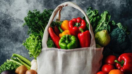 Reusable fabric tote bag filled with fresh fruits and vegetables, promoting eco-friendly shopping habits.の素材
