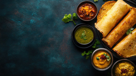 South Indian breakfast spread: crispy dosas, soft idlis, and an assortment of chutneys. Top view with copy space.の素材