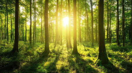 Green forest with sunlight shining through the trees symbolizing sustainability and environmental conservation. Copy spaceの素材