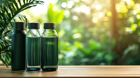 Close-up of eco-friendly reusable water bottles on a wooden table, promoting sustainability. Copy space.の素材
