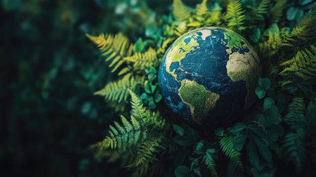 Globe with green foliage around it, representing global sustainability efforts. Ample space for text.の素材