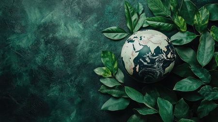 Globe surrounded by green leaves, symbolizing eco-friendly global initiatives. Copy space for text.の素材