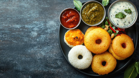 Delicious South Indian breakfast featuring vada and idli with sambar and chutneys. Top view with space for copy.の素材