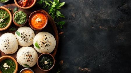 Delicious South Indian breakfast of idli and vada with a variety of chutneys. Top view with ample space for copy.の素材