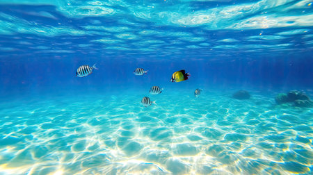 Clear blue ocean water with fish swimming, symbolizing the sustainability of marine life. Copy space.の素材